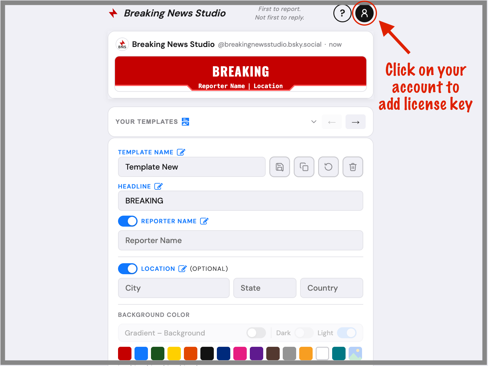 Account icon location in Breaking News Studio for entering your license key